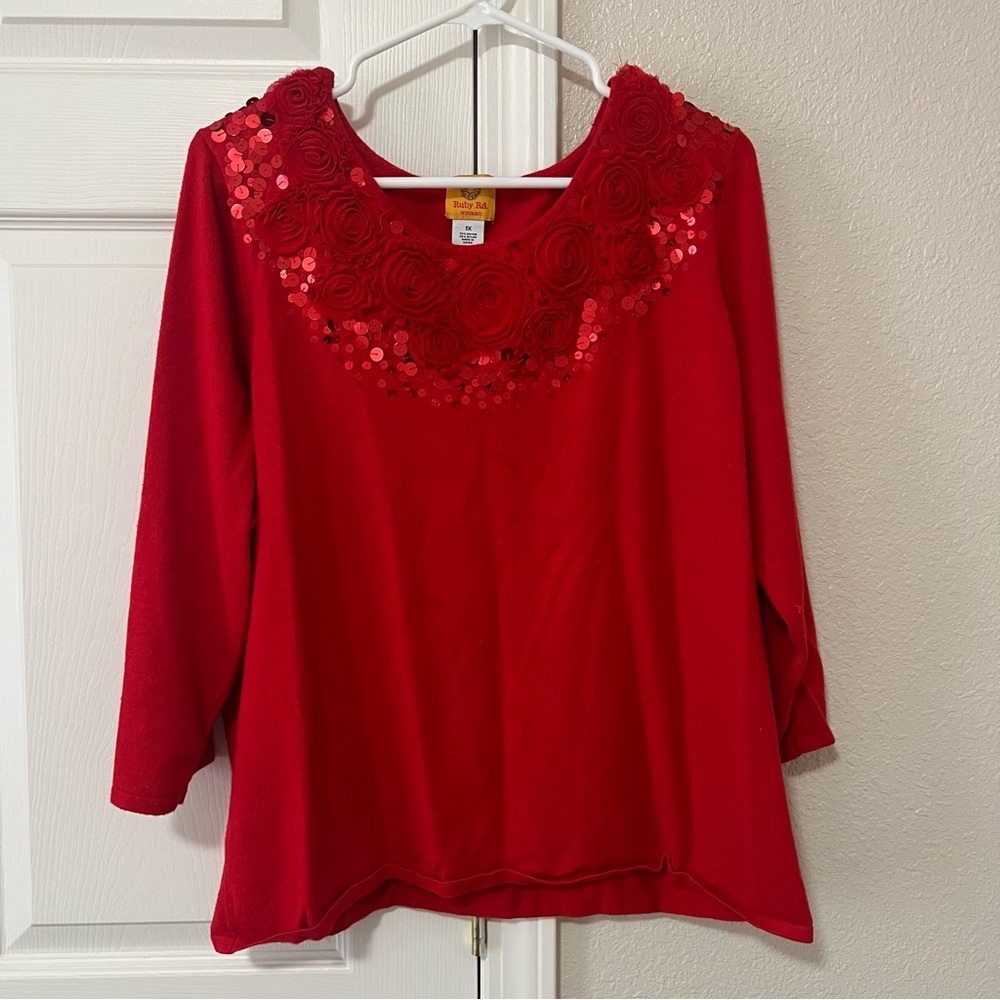 Ruby Rd 1X 3/4 Sleeve Sweater with Sequin and Floral Appliqué Detai